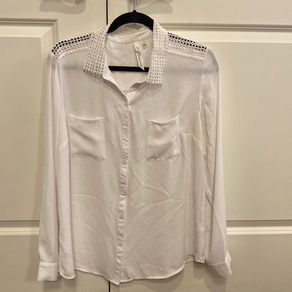 Women’s White long Sleeve Button Down with Lace Accents